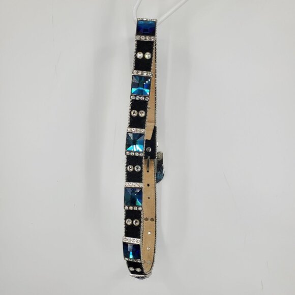 Wild Fire Black Leather Blue Square Gem Rhinestone Studded Western Belt Size XL - Picture 2 of 7